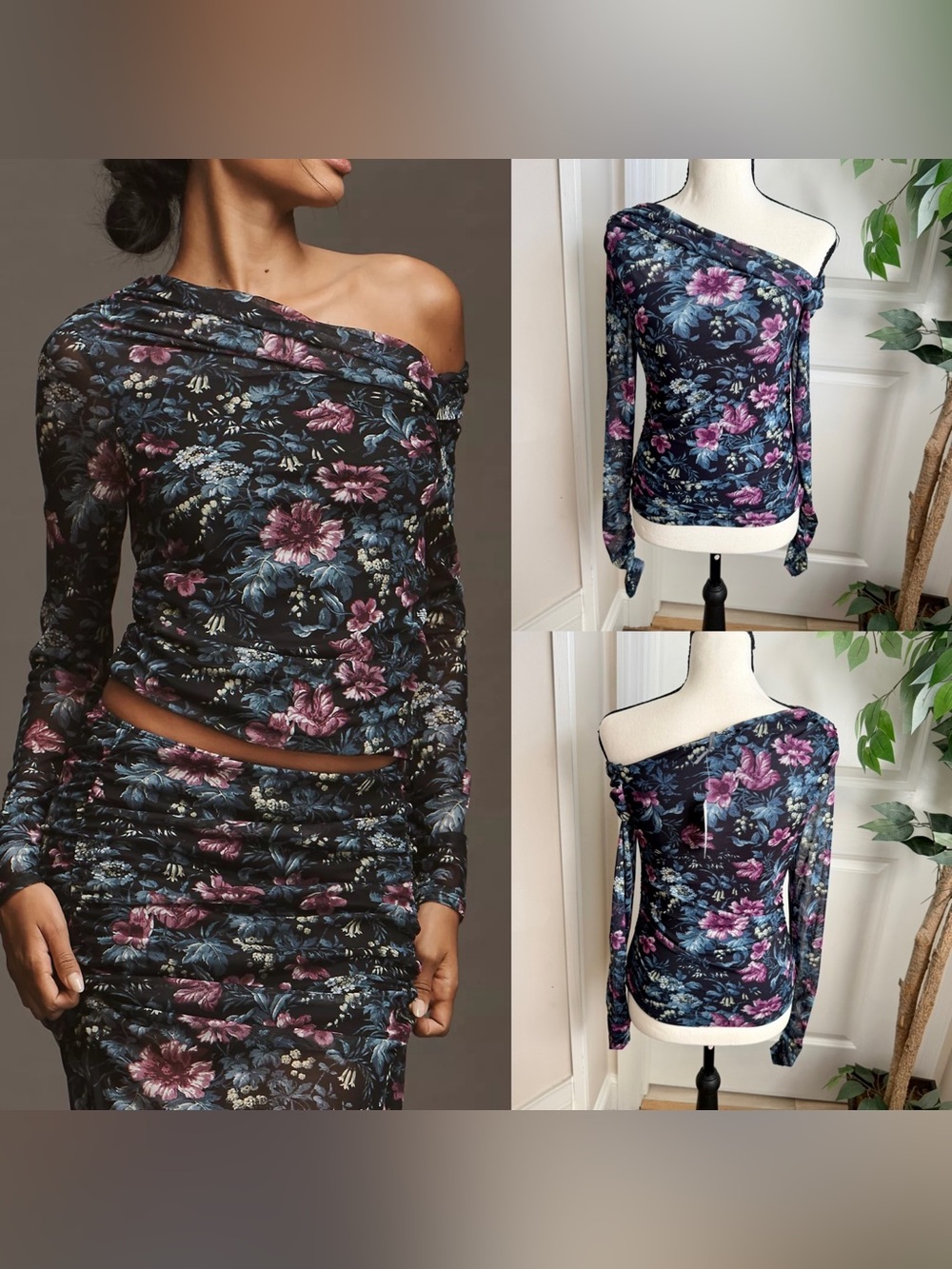 By Anthropologie Mesh Long-Sleeve Asymmetric Top Black Sz XS